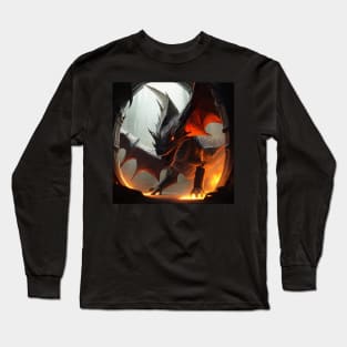 Evil Black Dragon with Wings surrounded by Fire in a Cave Long Sleeve T-Shirt